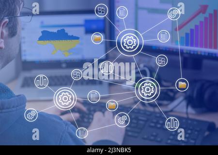 Network internet technologies, digital software development, future technologies and concepts. Caria of Ukraine on the monitor Stock Photo