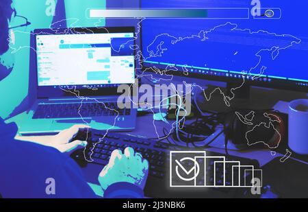 Network internet technologies, digital software development, future technologies and concepts. Global network. World map. Stock Photo