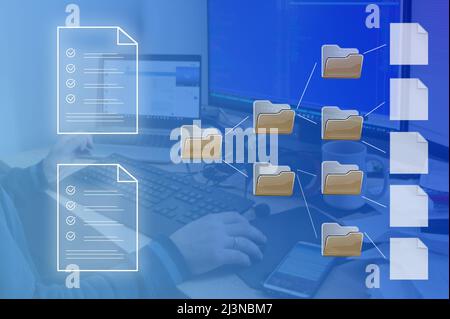 Document management, online database and documentation, digital file storage, software, record keeping, database technology, file access, sharing docu Stock Photo