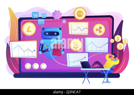 Cryptocurrency mining software, artificial intelligence for e business. Crypto trading bot, automated AI tradings, best bitcoin trading bot concept. B Stock Vector