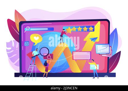 PR managers, Internet marketers coworking. Online reputation management, product and service search results, digital space representation concept. Bri Stock Vector