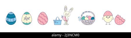 Vector illustration of cartoon Easter holiday icons n flat style on white background. Stock Vector
