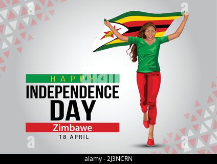 18th April Zimbabwe Independence Day. young girl running with holding Zimbabwean flag in her hands behind. vector illustration Stock Vector
