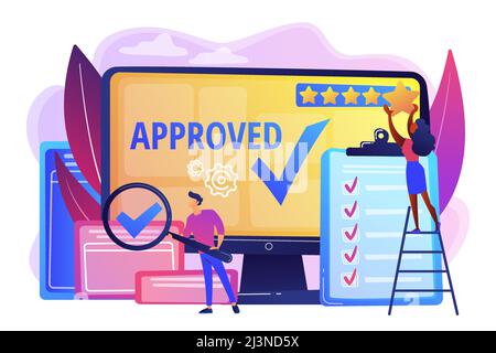 Approval mark. Product advantage. Rating and reviews. Meeting requirements. High quality sign, quality control sign, quality assurance sign concept. B Stock Vector