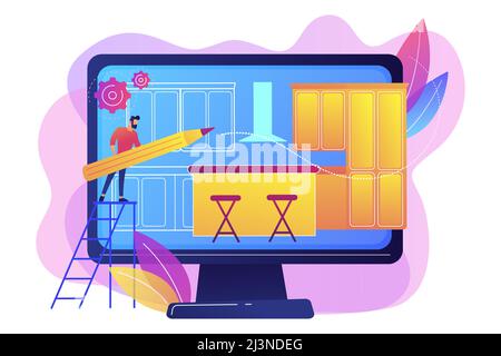 Carpentry workshop. Room design, home decor, interior designer. Custom made kitchens, bespoke kitchens design, modern fitted kitchens concept. Bright Stock Vector
