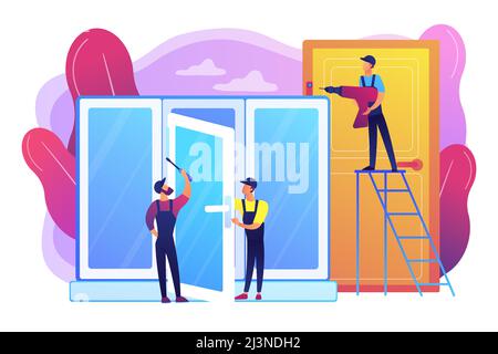 Windows installment and repair. Windows and doors services, replacement and installation, window and door replacement contractor concept. Bright vibra Stock Vector