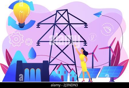 Scientist with sustainable development ideas solar panels, hydropower, wind. Sustainable energy, future-oriented energy, smart energy system concept. Stock Vector