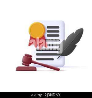 Digital 3d icon of a court document with hammer and feather and stamp emblem. Vector illustration, isolated Stock Vector