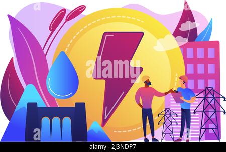 Engineers working at hydropower dam producing falling water energy. Hydropower electricity, water power, renewable sources concept. Bright vibrant vio Stock Vector