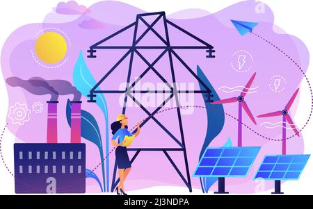 Engineer choosing power station with solar panels and wind turbines. Alternative energy, green energy technologies, eco-friendly energetics concept. B Stock Vector
