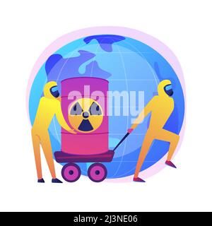 Radioactive barrels. People in protective suits with biological weapon. Chemical products. Poisonous substance, toxic casks, nuclear danger. Vector is Stock Vector