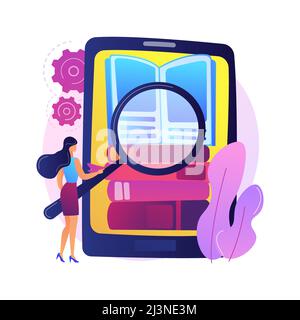 Ebooks collection. Library archive, e reading, literature. Male cartoon character loading books in ereader. Man putting novels in covers on bookshelf. Stock Vector