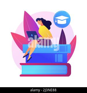 Clever man, student standing on books stack with flag. Self learning, personal improvement, knowledge obtaining. Educational achievement. Vector isola Stock Vector