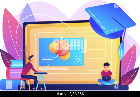 Students using e-learning platform video on laptop and graduation cap. Online education platform, e-learning platform, online teaching concept. Bright Stock Vector