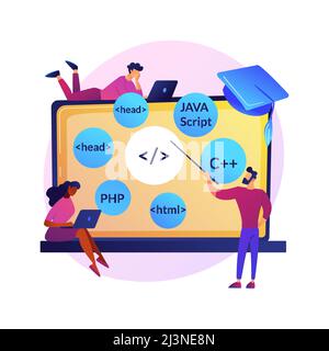 Programming languages learning. Software coding courses, website development class, script writing. IT programmers cartoon characters. Vector isolated Stock Vector