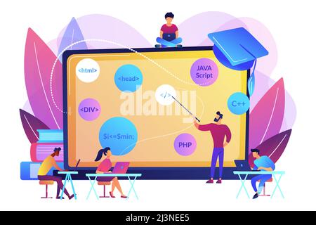 Script writing, software engineering. Coding workshop, code created workshop, online programming course, apps and games development class concept. Bri Stock Vector