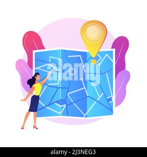 Journey route planning. City travel, urban tourism, cartography idea. Girl navigating with paper map cartoon character. Old fashioned orientation tool Stock Vector