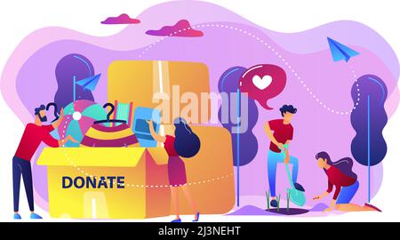 Volunteers like helping, planting seeds and donating clothes and toys into a box. Volunteering, volunteer services, altruistic job activity concept. B Stock Vector