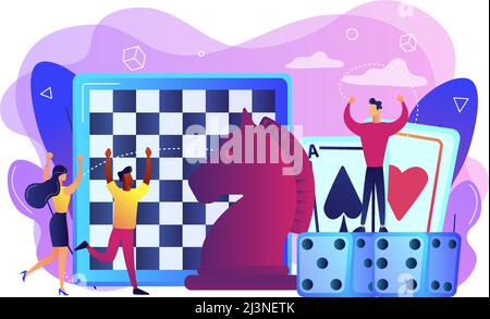 Entertainment of tiny people playing and winning chess, game cards and dice. Board game, leisure time activity, whole family activity concept. Bright Stock Vector