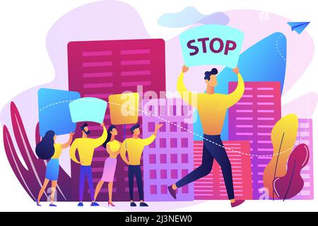 Crowd of protesting tiny people holding placards and banners with stop on the meeting. Mass meeting, assembly of people, spontaneous rally concept. Br Stock Vector