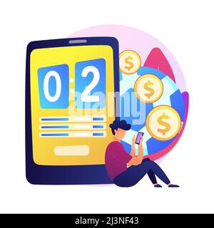 Man with smartphone, gambler placing football bets. Mobile gambling addiction, sports betting application, soccer match results prediction. Vector iso Stock Vector