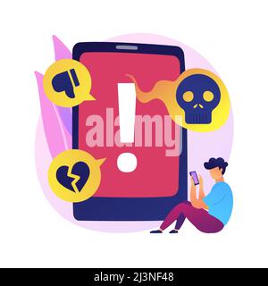 Hater cartoon character writing bad comments on social media. Cyberbullying, cyberhate, cyberharrasment. Internet trolling, hate speech. Vector isolat Stock Vector
