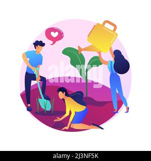 Tree planting. Green activists cartoon characters protecting nature. Landscaping, global reforestation. People restoring forest habitat. Vector isolat Stock Vector