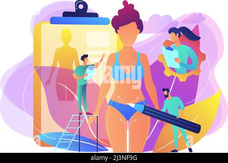 Plastic surgeons doing pencil marks and preparing body contouring of woman. Body contouring, body correction surgery, body plastic service concept. Br Stock Vector
