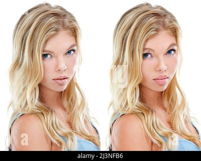 Who said beauty cant be bought. Comparative composite image of a before and after plastic surgery picture of a young woman. Stock Photo