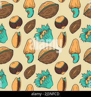 Pattern nuts hand drawn doodles pistachios almonds walnuts hazelnuts. Vector illustration Stock Vector