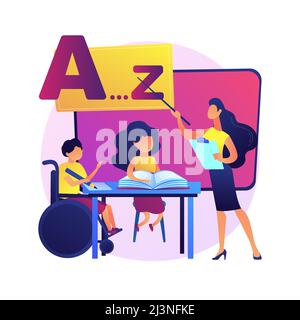 Education for disabled children. Handicapped kid on wheelchair in kindergarten. Equal opportunities, preschool program, special needs. Vector isolated Stock Vector