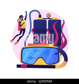 Diving school instructor. Scuba diving, underwater recreation, snorkelling lesson. Male diver in wetsuit and mask swimming with aqualung. Vector isola Stock Vector