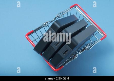 A stack of hard drives in a basket. Stock Photo