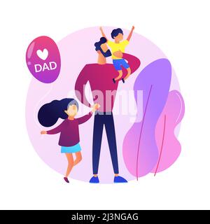 Single fathers abstract concept vector illustration. Single-parent family, fatherhood, happy kid, son and doughter, man feeding carrying baby, help in Stock Vector