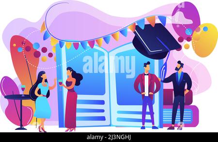 Tiny people high school students in dresses and suits chatting at promenade dance. Prom party, prom night invitation, promenade school dance concept. Stock Vector
