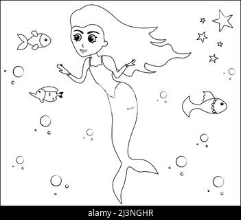 (Mermaid Coloring Page: 1) Cute mermaid with goldfishes, green grass, water bubbles on background, vector black and white coloring page. Stock Vector