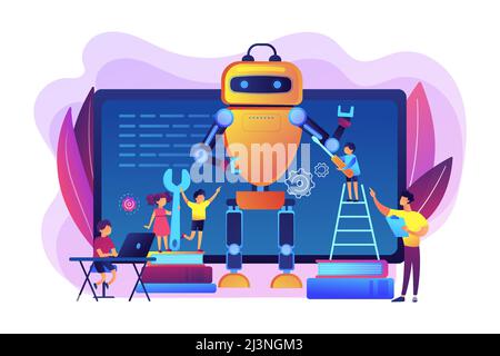 Kids programming and creating robot at class, tiny people. Engineering for kids, learn science activities, early development classes concept. Bright v Stock Vector