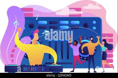 DJ in headphones at turntable playing music and tiny people dancing at party. Electronic music, DJ music set, DJing school courses concept. Bright vib Stock Vector