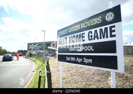 NAILSWORTH, UK. APR 9TH General view outside of the stadium as fans start to arrive ahead of the Sky Bet League 2 match between Forest Green Rovers and Hartlepool United at The Fully Charged New Lawn, Nailsworth on Saturday 9th April 2022. (Credit: Kieran Riley | MI News) Credit: MI News & Sport /Alamy Live News Stock Photo