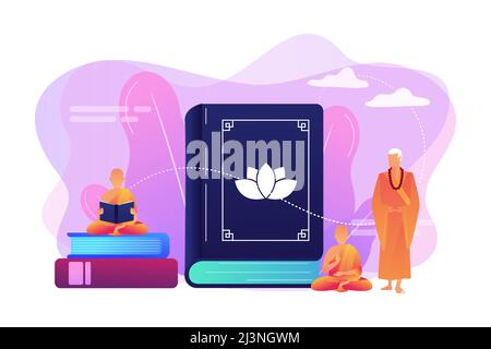 Buddhist monks in orange robes meditating and reading, tiny people. Zen Buddhism, Buddhism place of worship, buddhist holy book concept. Bright vibran Stock Vector