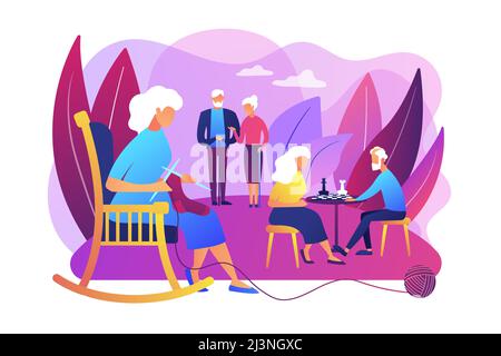 Pensioners pastime at senior home. Aged couple playing chess. Activities for seniors, elderly active lifestyle, older people time spending concept. Br Stock Vector
