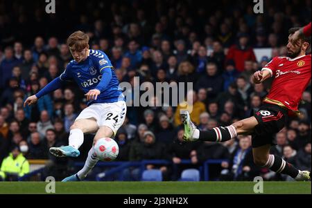 Liverpool, UK. 9th April 2022.  Anthony Gordon of Everton scores their first goal during the Premier League match at Goodison Park, Liverpool. Picture credit should read: Darren Staples / Sportimage Stock Photo