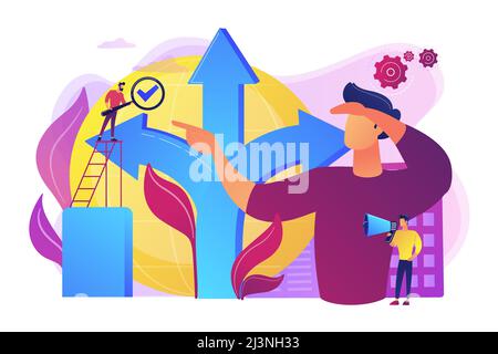 Career opportunity. Life coaching, self development. Path, direction choosing. Decision making, problem solving activity, best decision here concept. Stock Vector