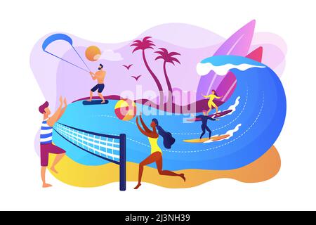 Tiny people adults playing volleyball, surfing and kitesurfing. Summer beach activities, seacoast entertainment, sea animation services concept. Brigh Stock Vector