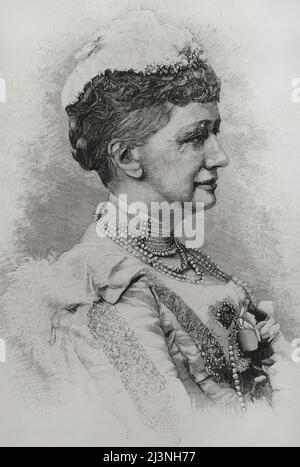 Louise of Hesse-Kassel (1817-1898). Queen consort of Denmark as wife of King Christian IX. Portrait. Engraving. La Ilustración Española y Americana, 1898. Stock Photo