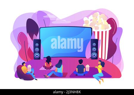 Movie night with friends. Watching film on big screen with sound system. Open air cinema, outdoor movie theater, backyard theater gear concept. Bright Stock Vector