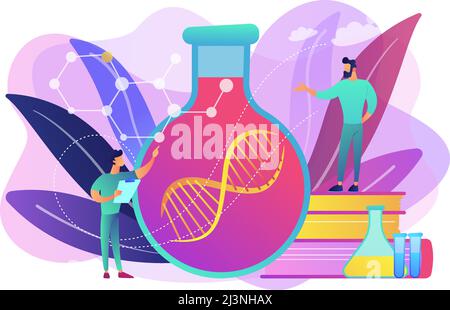 Scientists in lab working with huge DNA chain in the glass bulb. Gene therapy, gene transfer and functioning gene concept on white background. Bright Stock Vector