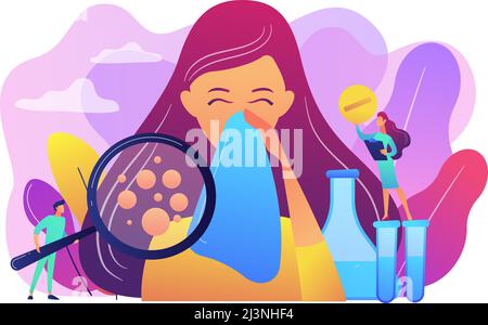 Female patient sneezing, taking a pill from doctor and allergen under magnifier. Allergic diseases, allergy reaction, antihistamines therapy concept.