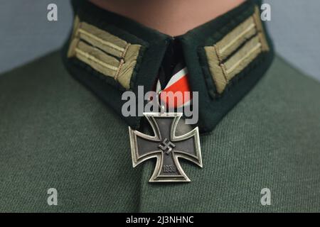 Grand Cross of the Iron Cross (Großkreuz des Eisernen Kreuzes) dated from 1939 fixed on the uniform of a German uniform on display in the Museum of the Surrender (Musée de la Reddition) in Reims, France. Stock Photo