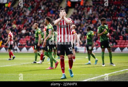 Sheffield United's John Egan stands dejected after a shot goes over the bar during the Sky Bet Championship match at Bramall Lane, Sheffield. Picture date: Saturday April 9, 2022.